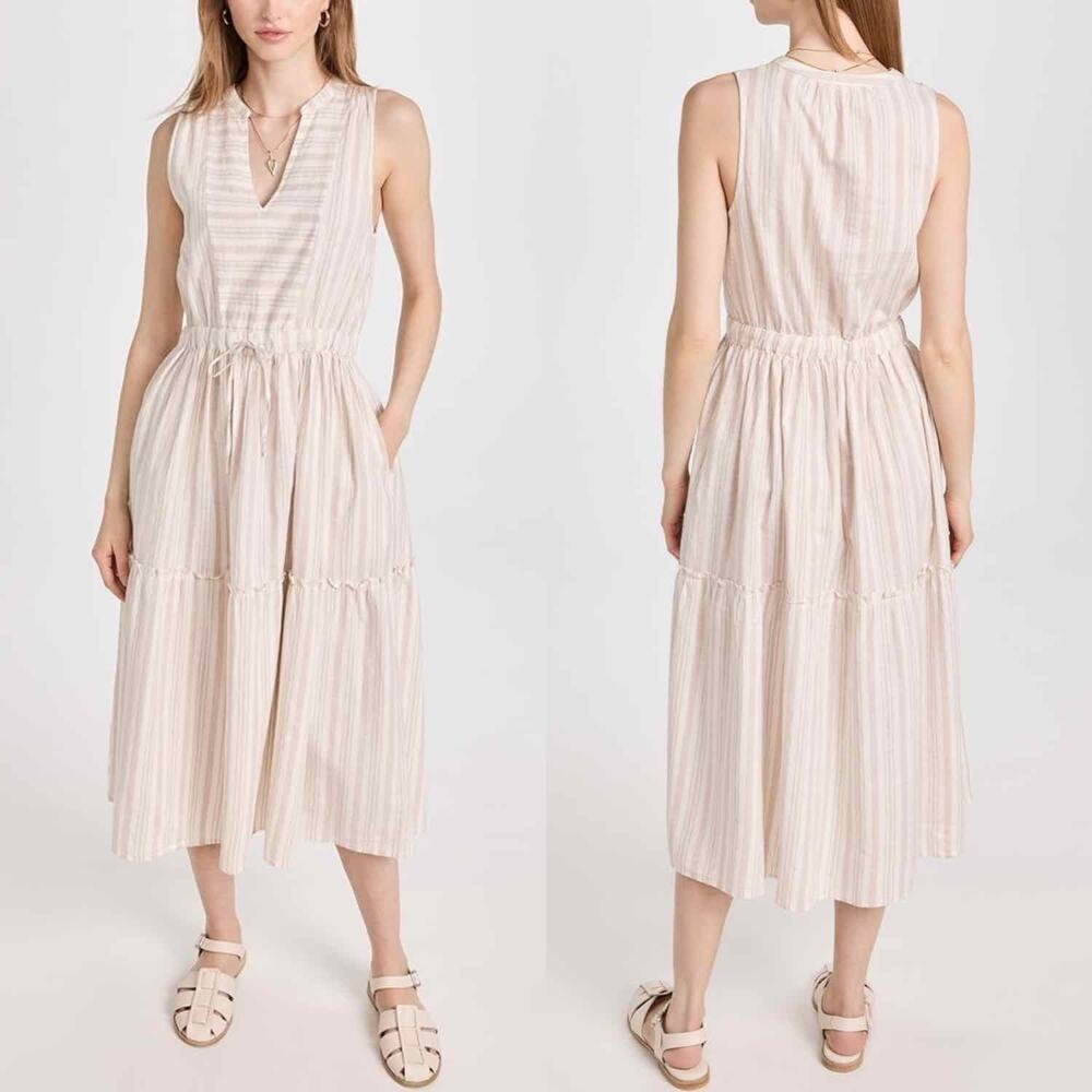 Splendid Livia Linen Blend Casual Summer Midi Dress Fawn Stripe Size Small
